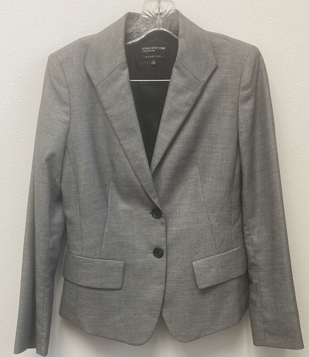 Jones New York Collection Women's Grey Career Stretch Blazer - Pockets Size 6